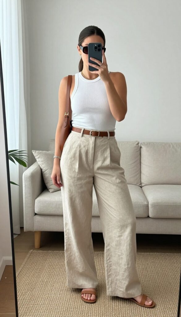 A millennial mom in beige wide-leg linen trousers and a fitted white tank top, posing in a mirror selfie in a bright, airy living room. She wears tan flat sandals, a cognac tote bag, tortoiseshell sunglasses, and gold jewelry. The outfit balances loose and fitted pieces for a confident, modern look.