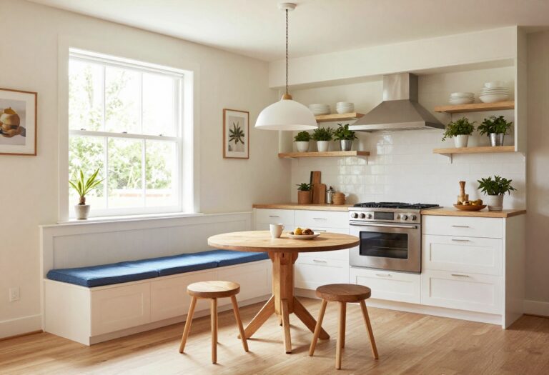 Cozy kitchen corner with built-in bench seating, open shelving, and plants in natural light