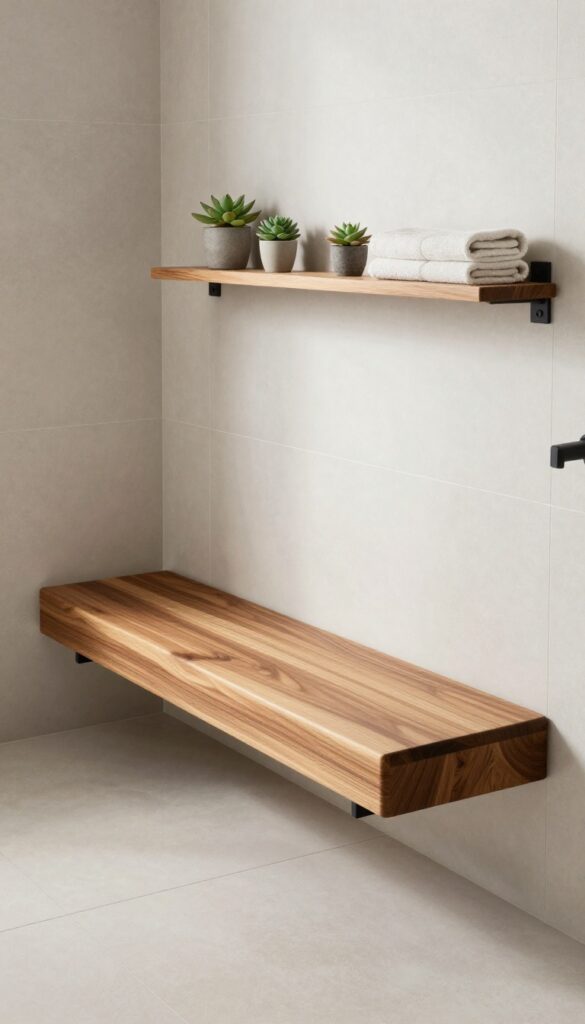 A floating teak bench in a shower with warm wood tones against neutral tiles and natural light.