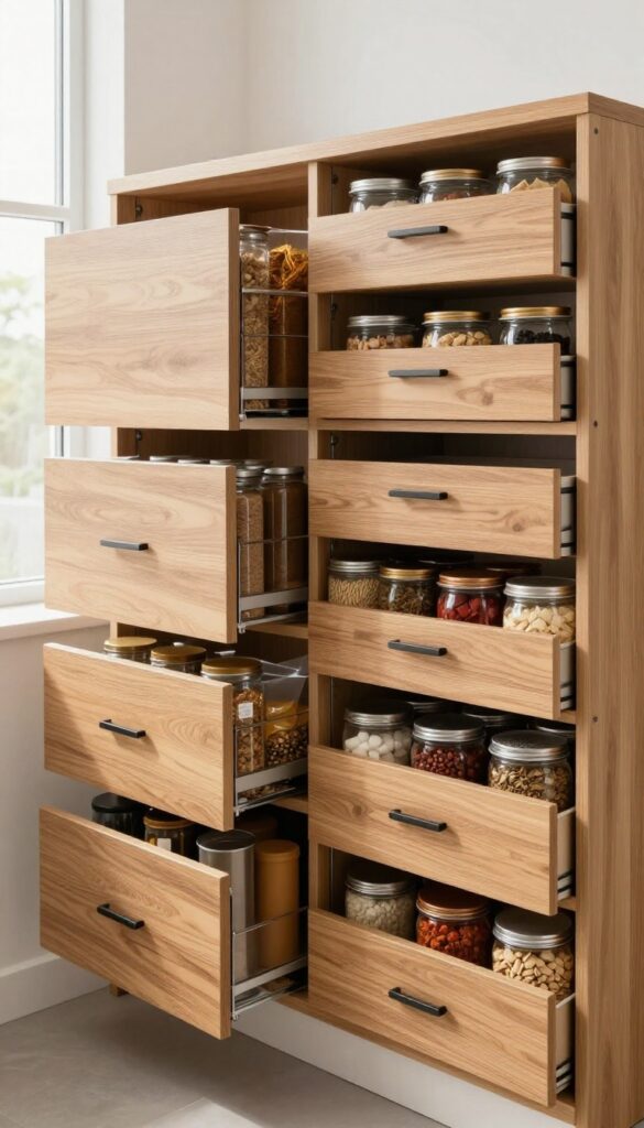 Pull-out drawers in deep kitchen pantry cabinets with organized food storage
