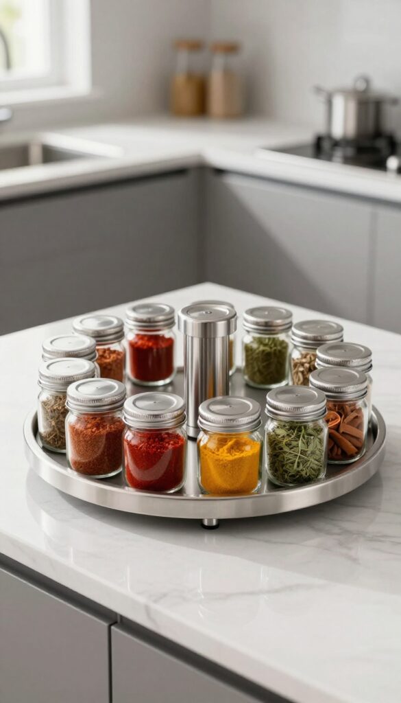 Modern countertop spice carousel with glass jars and brushed stainless steel finish in a bright minimalist kitchen