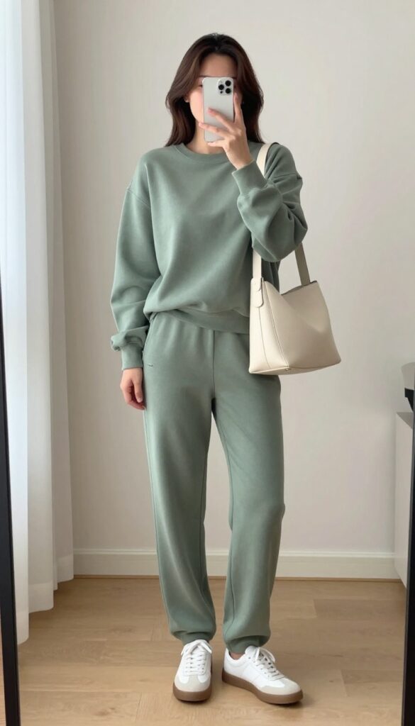 Midsize woman in a matching sage green lounge set taking a mirror selfie, wearing clean white sneakers and a cream crossbody bag, in a bright, minimal room.
