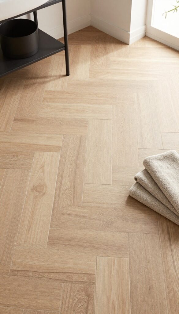 Herringbone pattern wood-look ceramic tiles in a shower with matte black fixtures and natural light