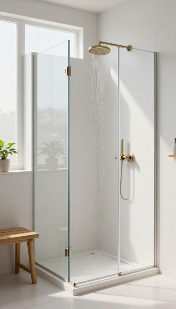 Walk-in shower with matte white tiles, teak bench, brass fixtures, and soft natural light