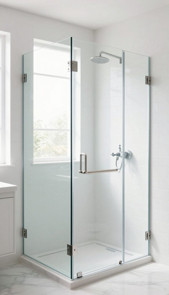 Frameless glass shower enclosure with clear panels, minimal hardware, and natural light creating an open, airy bathroom feel.