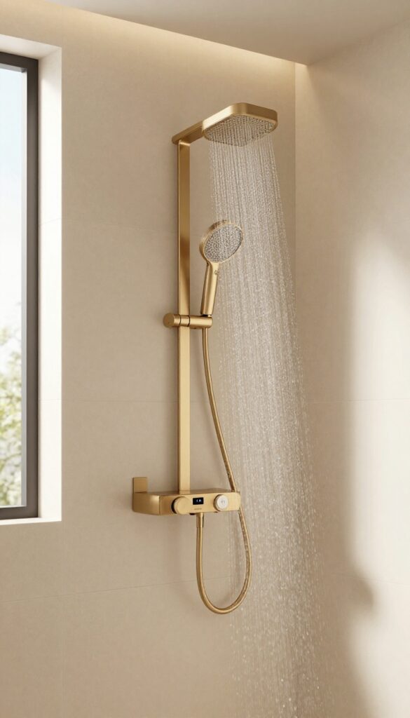 Modern bathroom with smart shower system and digital controls in brushed gold finish