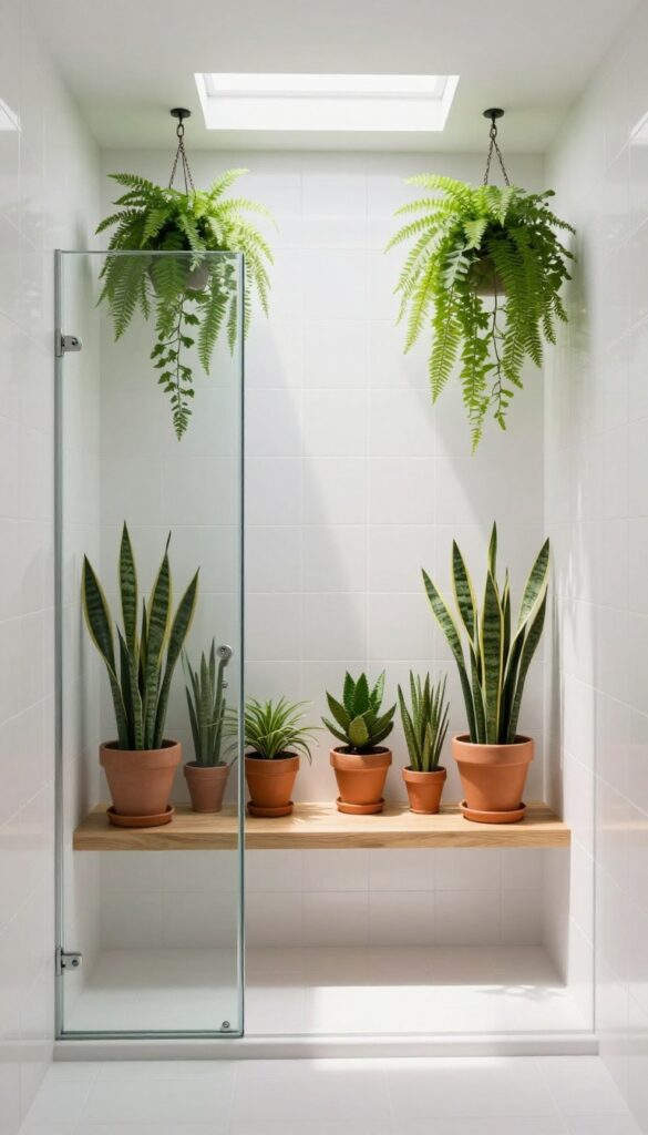 Tropical plants in terracotta pots on a wooden shelf in a bright shower with skylight