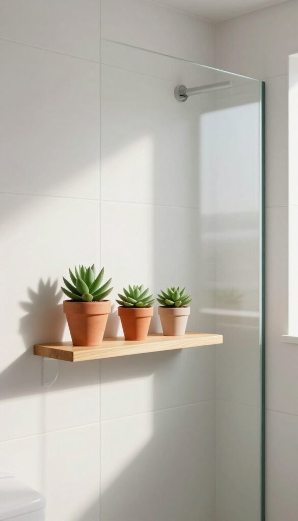 Small shelf with succulents beside shower window in bright bathroom