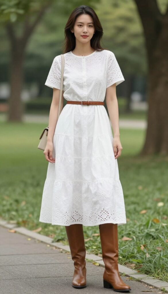A woman wearing a white summer dress with brown knee-high boots, styled with a leather belt, structured handbag, and minimal gold jewelry in a bright outdoor setting for a bold and fresh summer look.