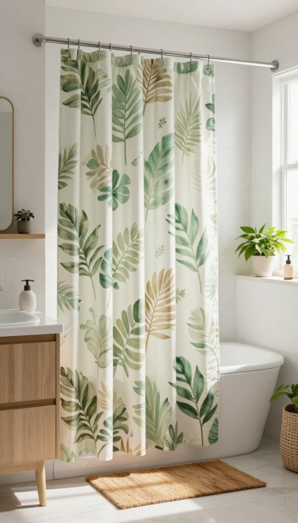 A small bathroom with a botanical print shower curtain in muted tones, featuring leafy patterns that add visual interest without bulk. The scene includes natural light, wooden accessories, and real plants for a serene, nature-inspired decor.