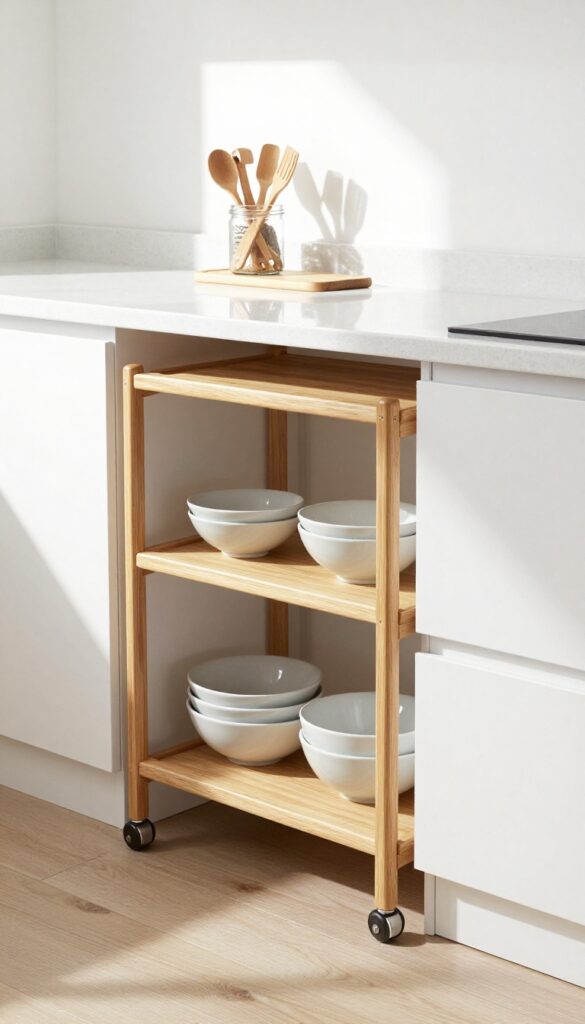 Slim bamboo rolling cart next to kitchen counter with cutting board and utensils