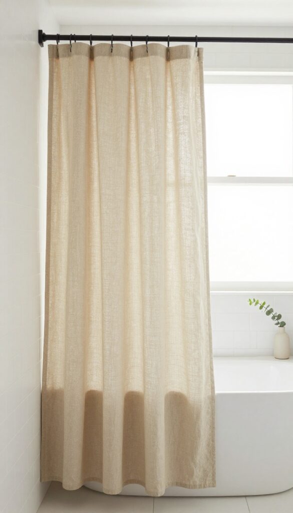A serene modern bathroom with a warm beige washed cotton shower curtain, natural light, white tiles, and minimal decor.