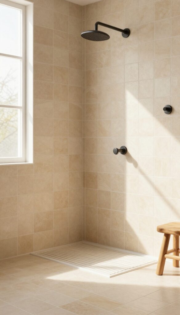 Beige herringbone ceramic tile shower with matte black fixtures and wooden stool