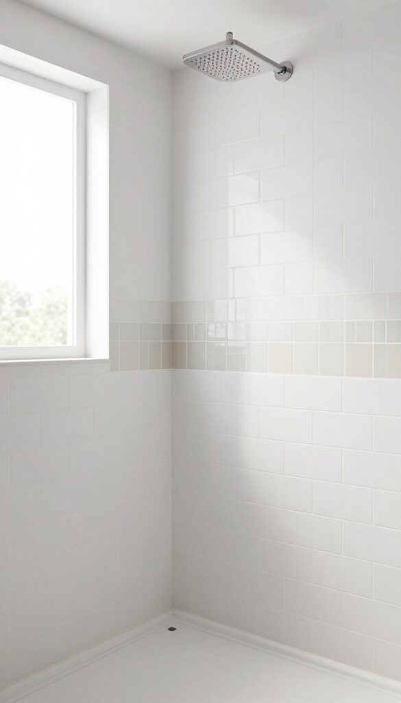 Modern shower with frosted glass mosaic accent strip at eye level