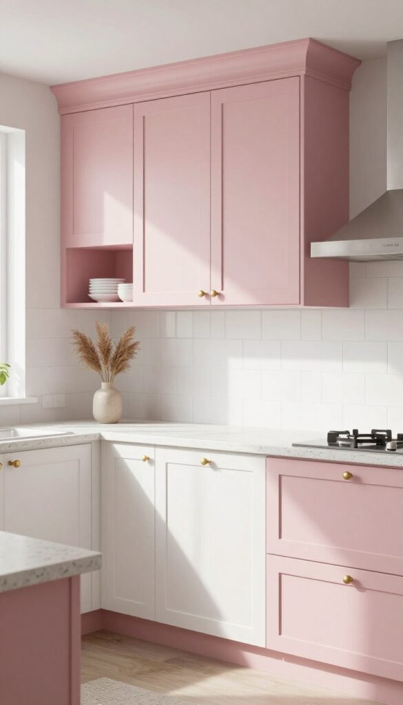 Kitchen with soft blush upper cabinets, white lower cabinets, brass hardware, and natural light
