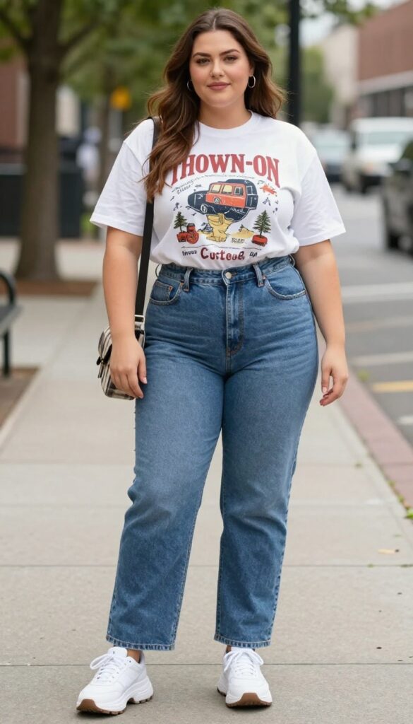 Plus-size woman in an oversized graphic tee and straight-leg jeans, styled with chunky sneakers and a flannel shirt for a relaxed 90s fashion look.