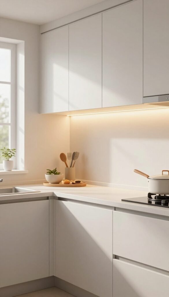 Bright kitchen with warm under-cabinet lighting creating cozy ambiance