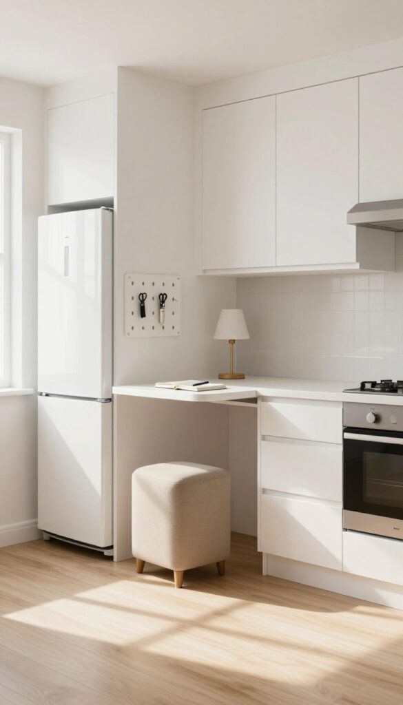 Wall-mounted desk in kitchen corner with lamp and stool