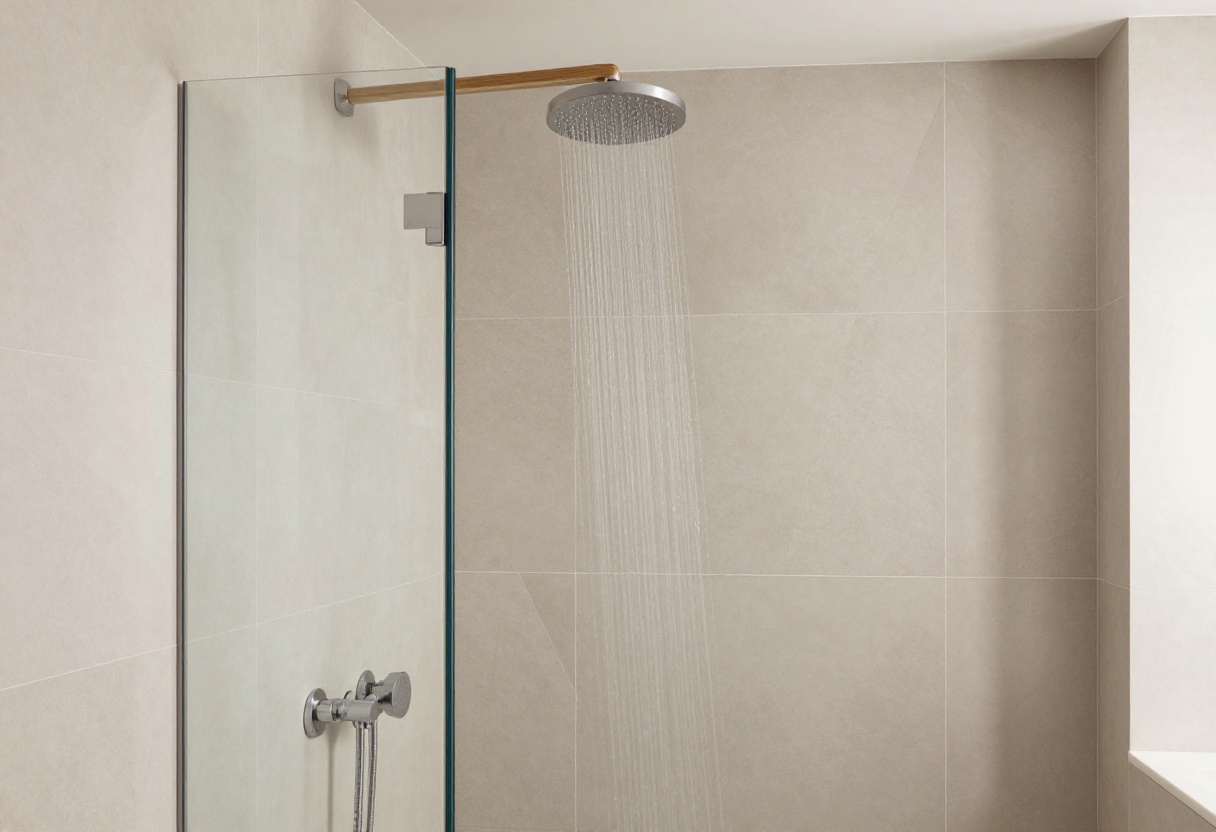 Modern master bathroom shower with geometric tiles, frameless glass, and wood accents, creating a luxurious and serene space.