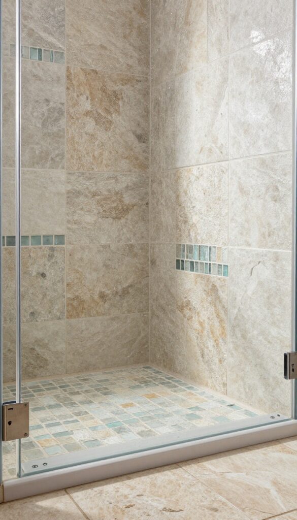 Walk-in shower floor with mixed stone and glass tiles creating layered depth and texture in bright natural light.