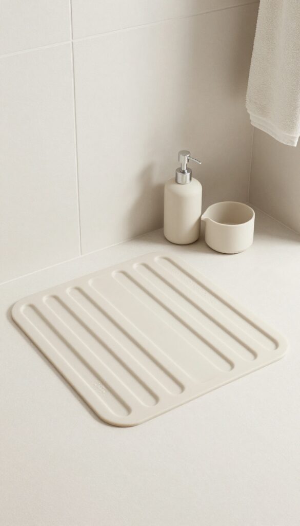 A minimalist silicone shower mat in a contemporary bathroom setting, showcasing its sleek design and easy-clean features with matching accessories.