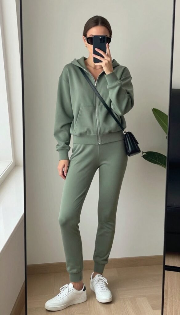 Woman in olive green matching tracksuit set taking a mirror selfie, wearing white sneakers and crossbody bag, casual sporty outfit.