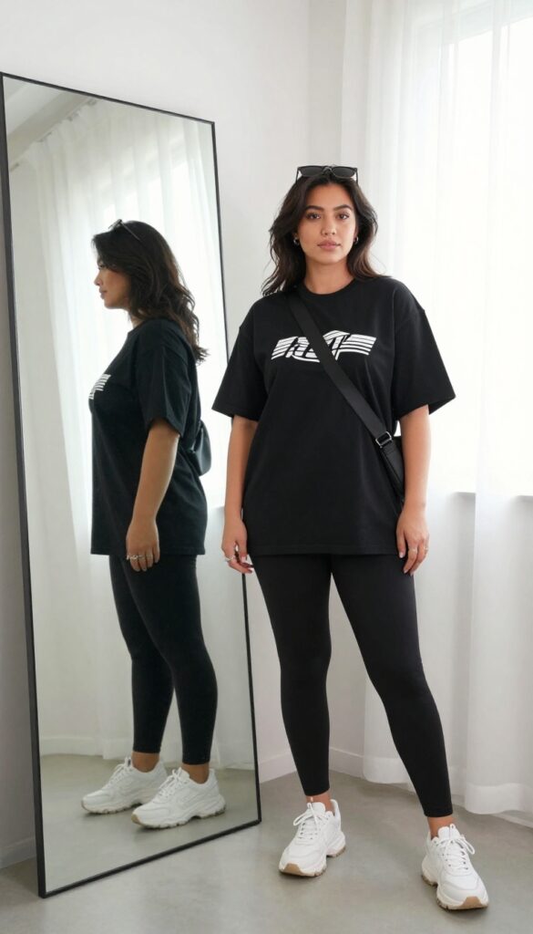 Plus-size woman in oversized graphic tee and black leggings, taking a mirror selfie in bright natural light. Chunky sneakers and crossbody bag complete the casual look.