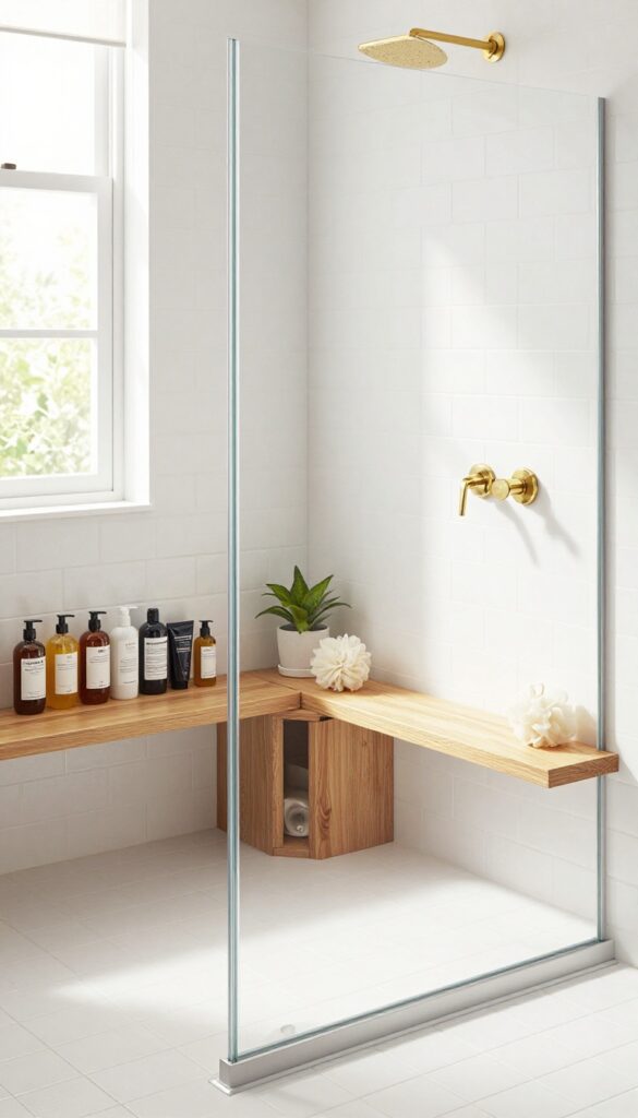 Neo angle shower with teak corner bench and storage