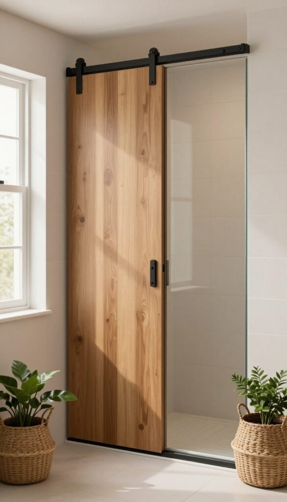 Sliding barn-style shower screen with wood panel and glass insert in a bright, cozy bathroom
