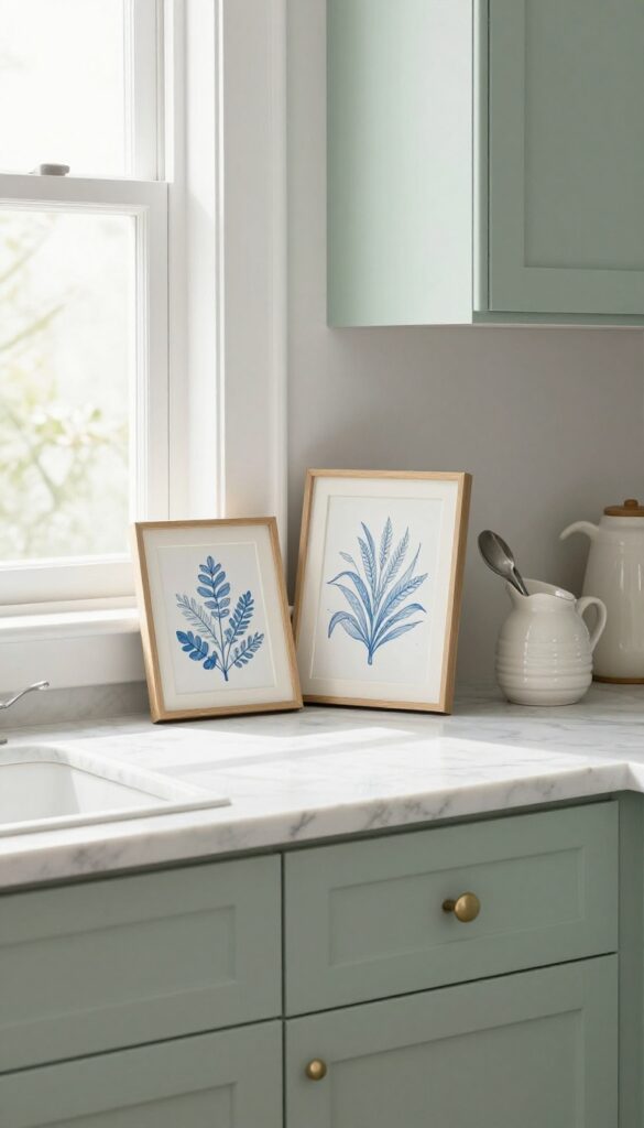 A small framed art piece leaned against the backsplash on a kitchen island