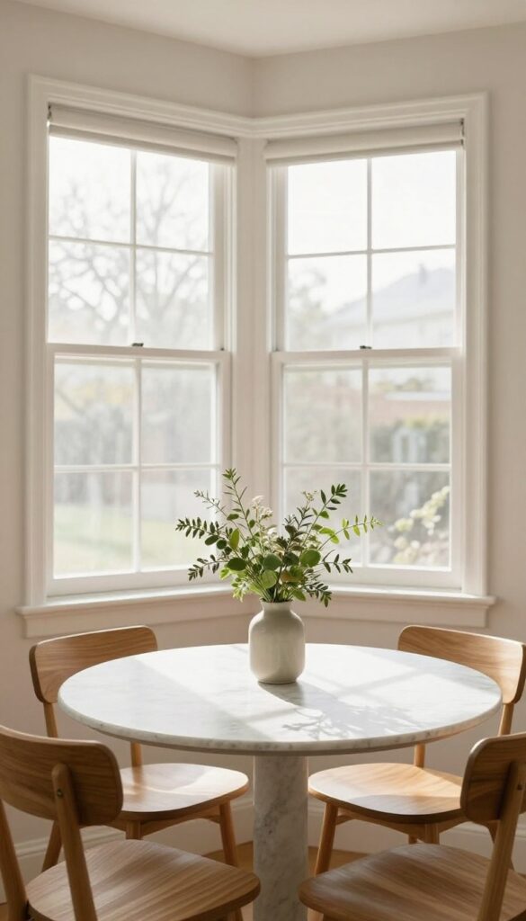 Cozy kitchen bay window nook with small bistro table and two chairs, natural light, fresh herbs centerpiece