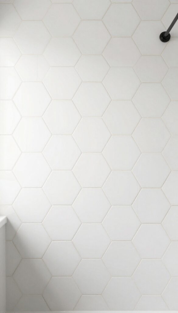 A close-up view of hexagonal tiles in a bathtub shower area, creating a geometric pattern with natural light and clean fixtures for home decor inspiration.