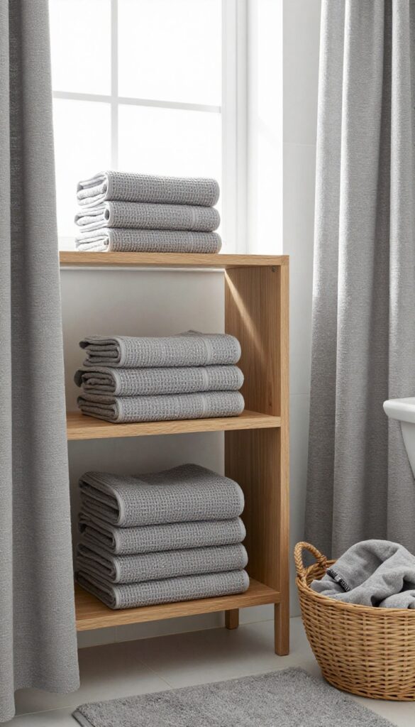 Layered gray towels and textiles in a calm, clean bathroom with natural light and soft textures.