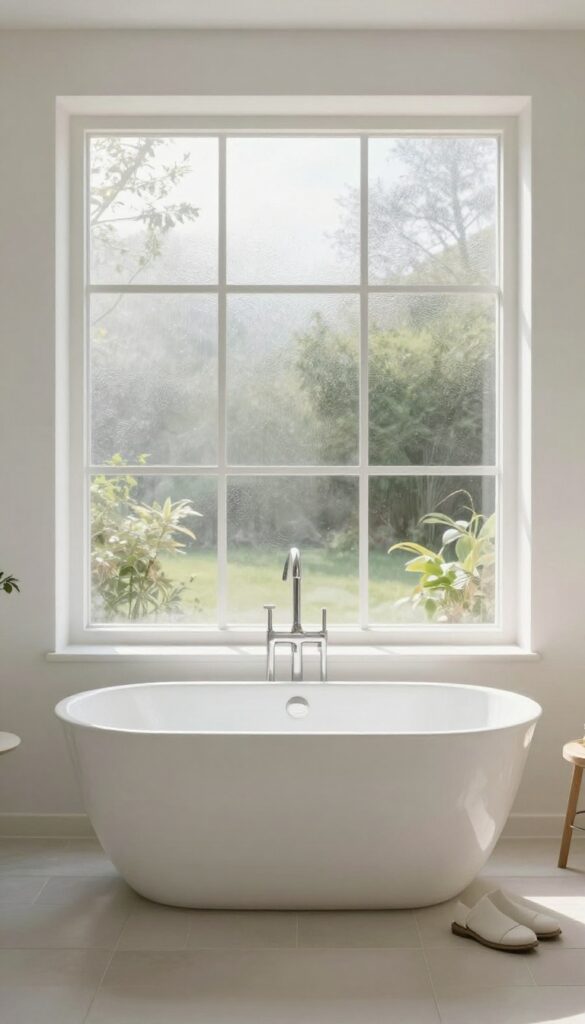 A freestanding bathtub positioned beside a window with frosted glass, allowing natural light to illuminate the bathroom in a calming and open setting.