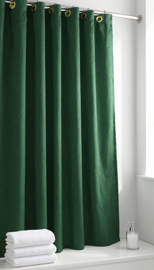 Dark green vintage damask tablecloth as shower curtain in bright minimalist bathroom