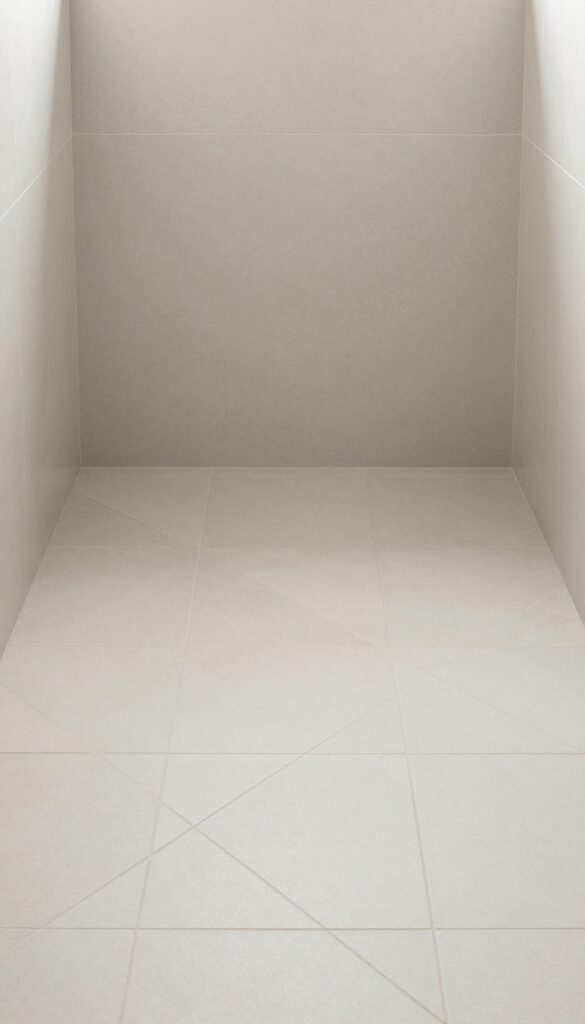 A small bathroom floor featuring a diagonal tile layout with neutral ceramic tiles arranged at a 45-degree angle to visually widen the space