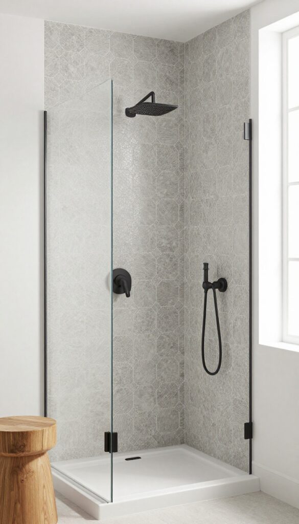 Dusty grey hexagon mosaic tile shower with matte black fixtures and warm wood stool