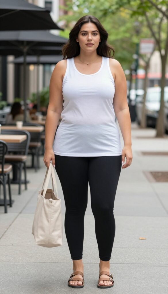A woman wearing a longline tank top and black leggings with slide sandals and a tote bag, styled for a casual summer day out.