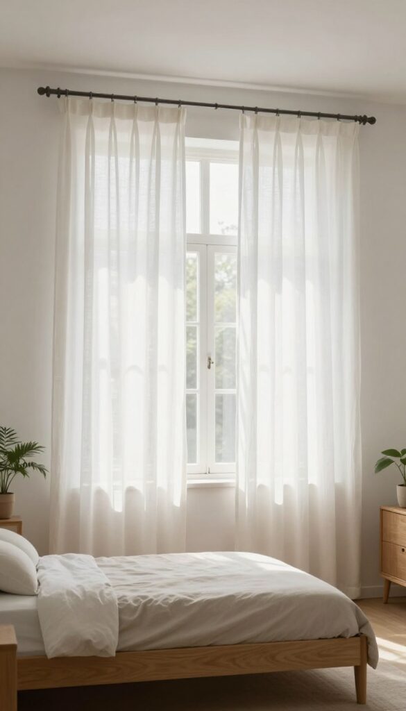 Bedroom with two windows and matching white curtains creating a balanced, cohesive look.