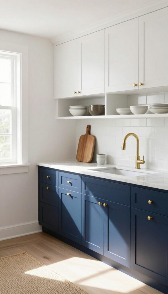 Navy blue kitchen cabinets with brass hardware and white countertops in natural light
