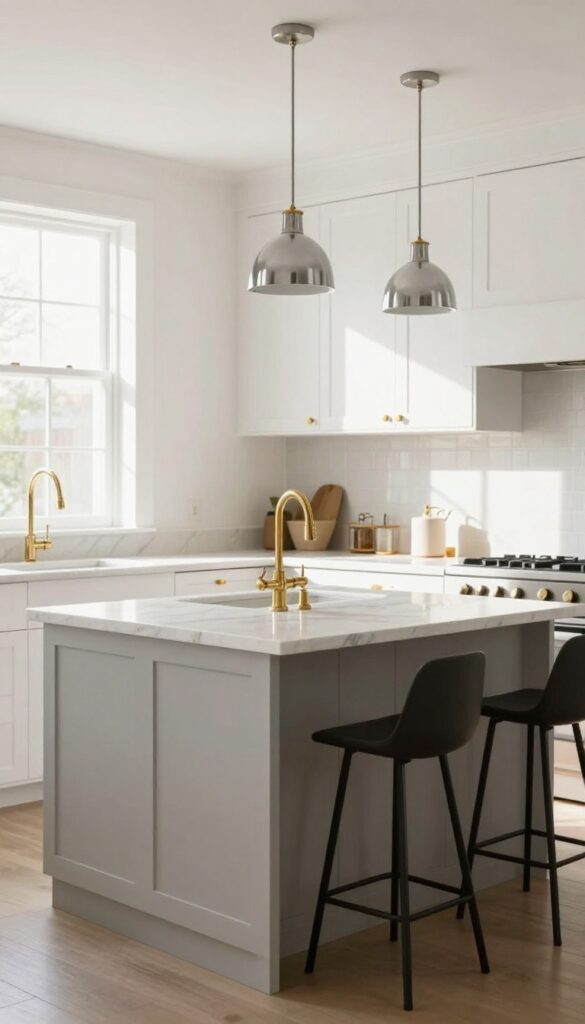 Elegant kitchen with mixed metal finishes on hardware, faucet, lighting, and bar stools, creating depth and a collected-over-time feel.