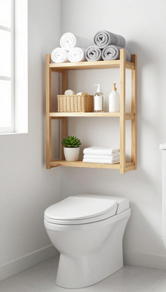 A photorealistic image of a college bathroom with over-the-toilet shelving in light wood, featuring rolled towels on top, toiletry bins in the middle, and a decorative plant on the bottom, all under bright natural light.