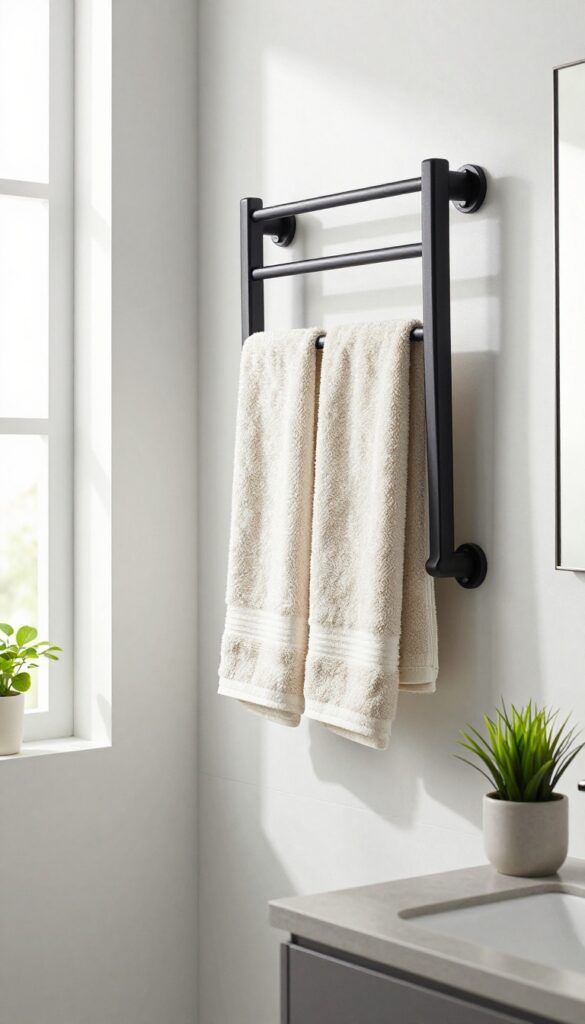 A magnetic towel rack installed on a metal-framed shower door in a modern bathroom, holding neutral towels with minimalist decor for easy storage.