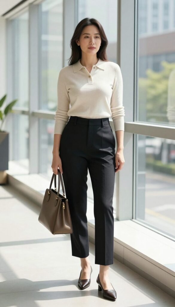 A woman wearing a knit polo top with high-waisted trousers for a casual summer office outfit, styled with loafers and a handbag in a bright, natural setting.