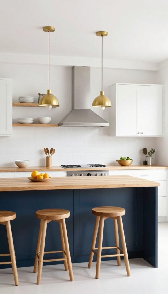 Navy blue kitchen island with white surroundings, brass pendants, and wood stools