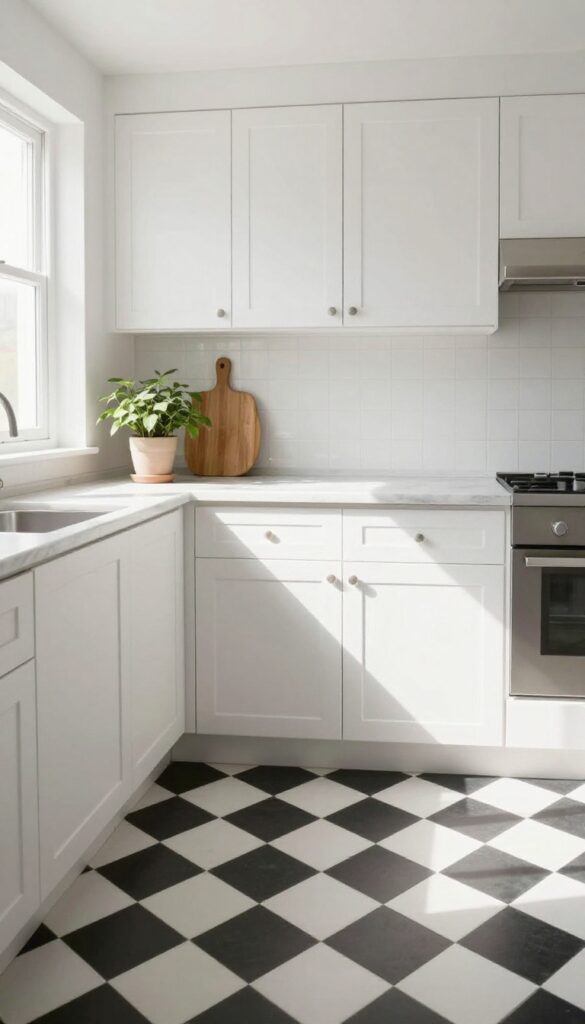 Cozy kitchen with black and white checkerboard floor tiles, white cabinets, marble countertop, and natural sunlight.