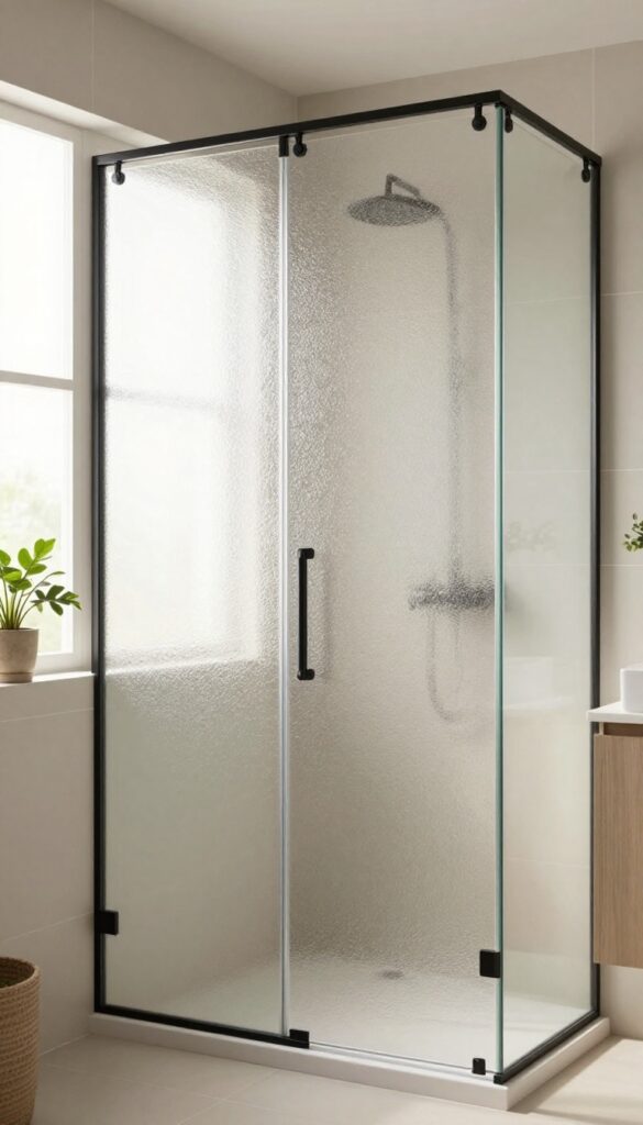 A textured glass shower door in a bright bathroom, diffusing light for privacy while maintaining an airy feel.