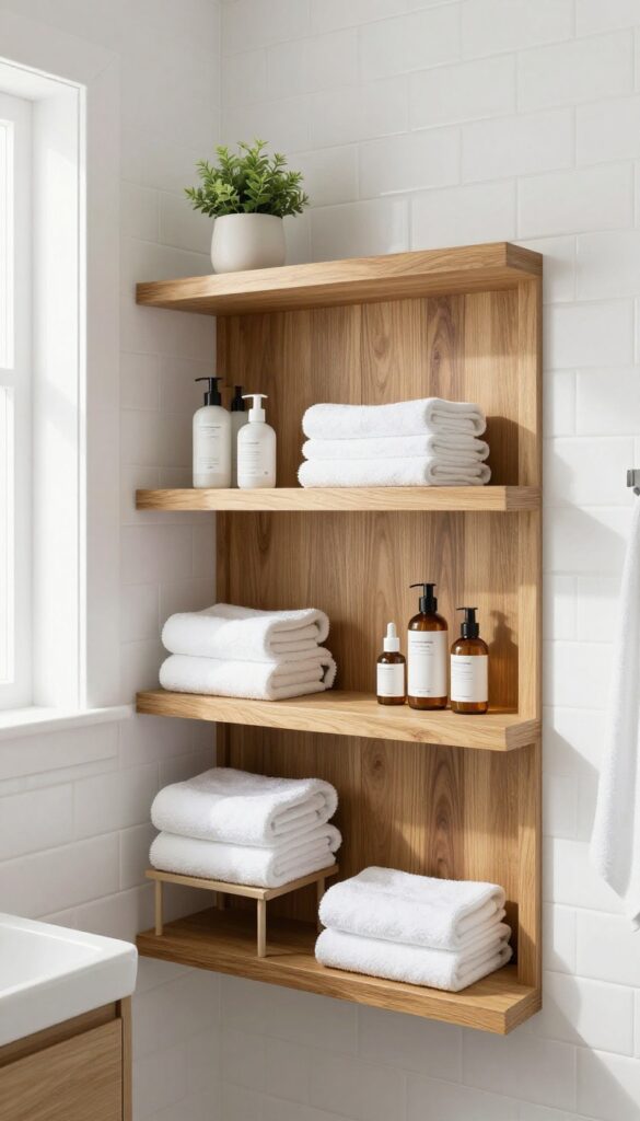 A bathroom half wall with built-in shelves made of sealed oak wood, holding folded towels and skincare products in bright natural light.