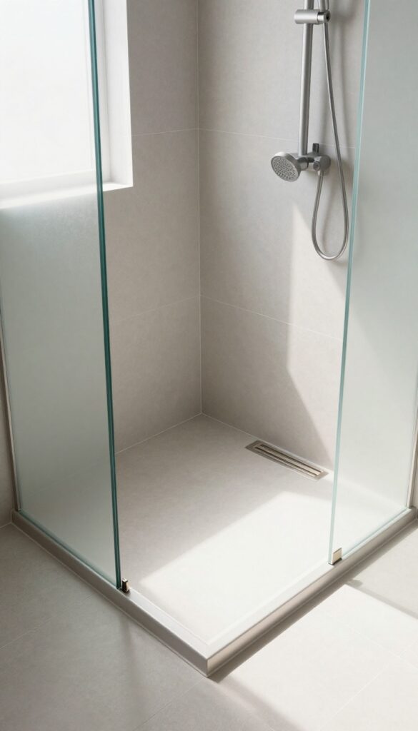 Small modern shower with corner drain, brushed nickel cover, large-format tiles, teak mat, bright natural light.