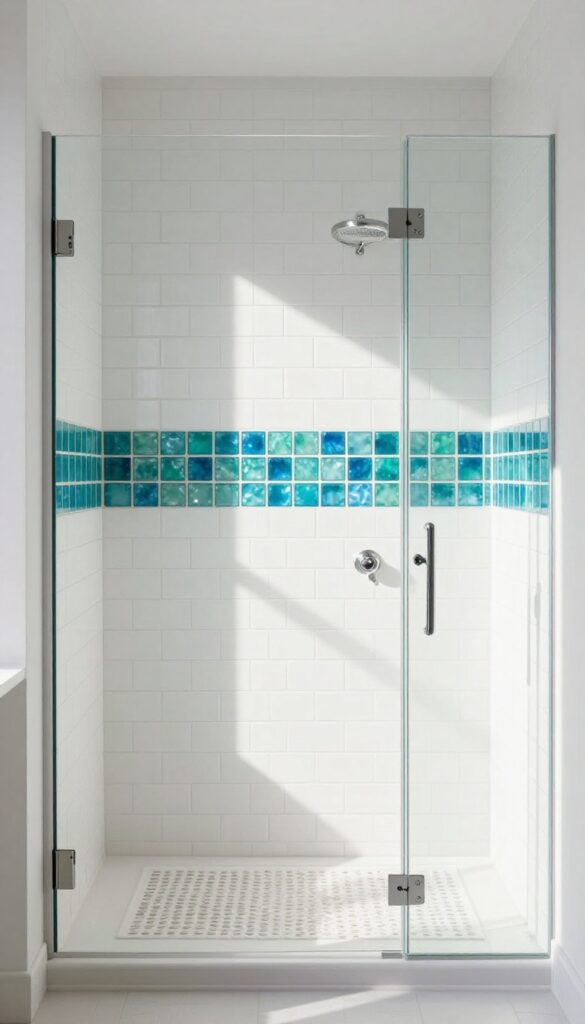 Shower with horizontal band of blue-green mosaic tile at eye level on white subway tile wall